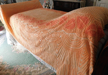 Fancy Falling Leaves Vintage Cozy Peach Chenille Bedspread, 1940s Era Cotton, Twin Size