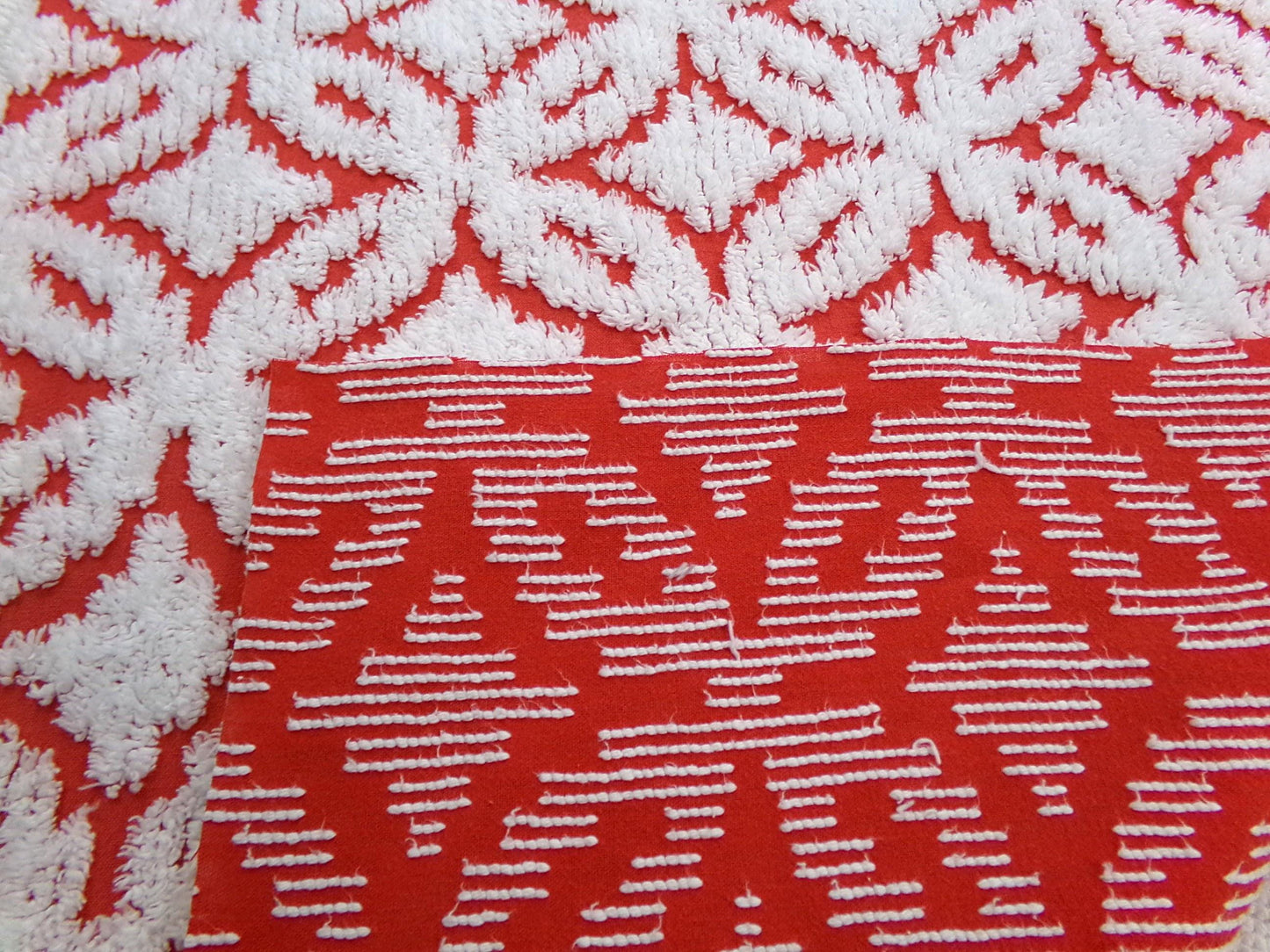 Classic Red Vintage Chenille Fabric, tufted white geometric designs, piece sewing craft quilt material, 18" x 24"