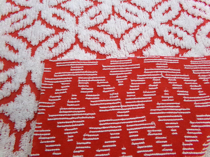 Classic Red Vintage Chenille Fabric, tufted white geometric designs, piece sewing craft quilt material, 18" x 24"
