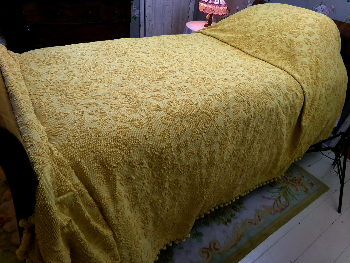 Vintage Chenille Bedspread in Sunflower Honey Golden Blonde | Hobnail Cabbage Rose Woven Texture | On Trend Boho Style Heavyweight Spread