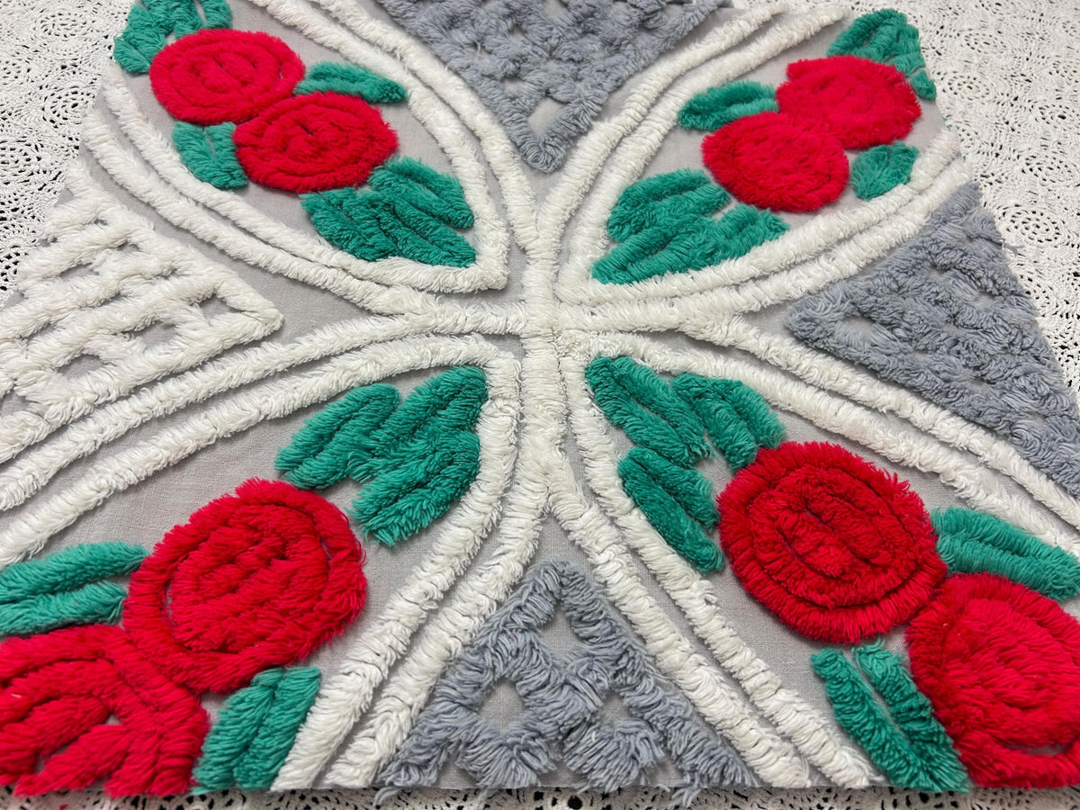 Red Rose Vintage Chenille Fabric, Dove Grey & White 15x28" Craft Piece