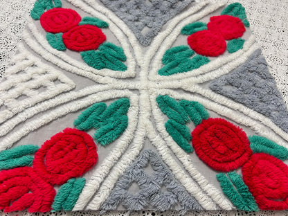 Red Rose Vintage Chenille Fabric, Dove Grey & White 15x28" Craft Piece