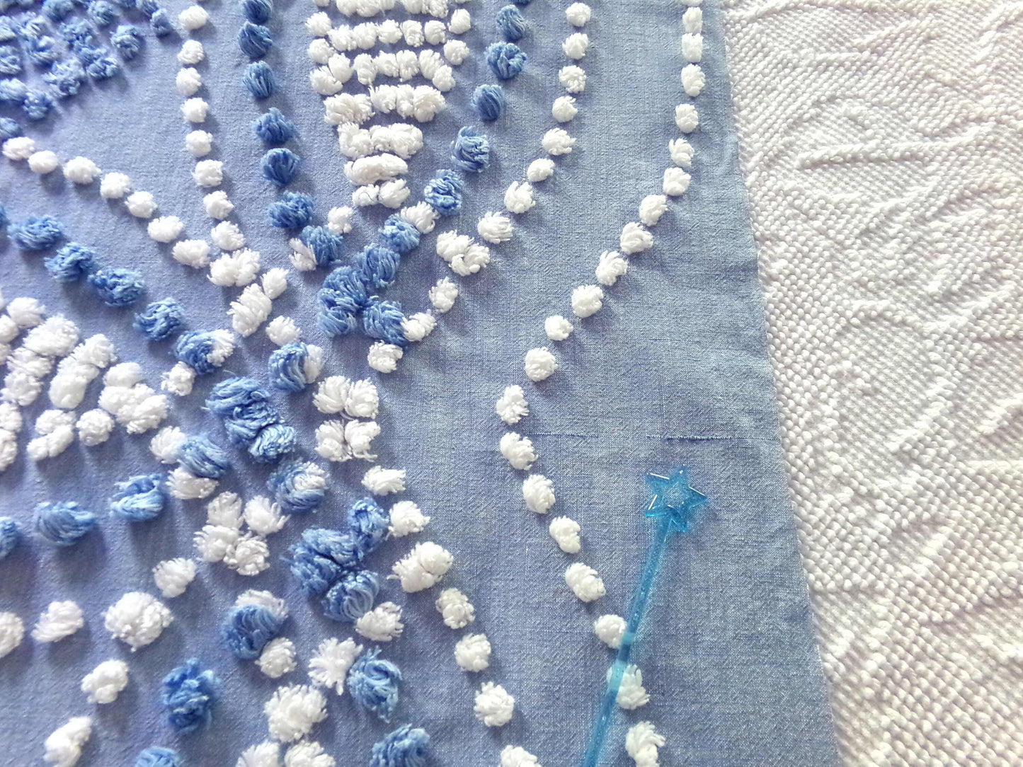 Shabby Beach Chic Vintage Chenille Fabric, Handmade Candlewick Blue & White Bow Design, 18" x 36" cut piece of cotton sewing material