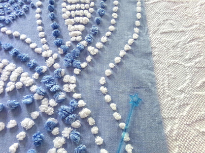 Shabby Beach Chic Vintage Chenille Fabric, Handmade Candlewick Blue & White Bow Design, 18" x 36" cut piece of cotton sewing material