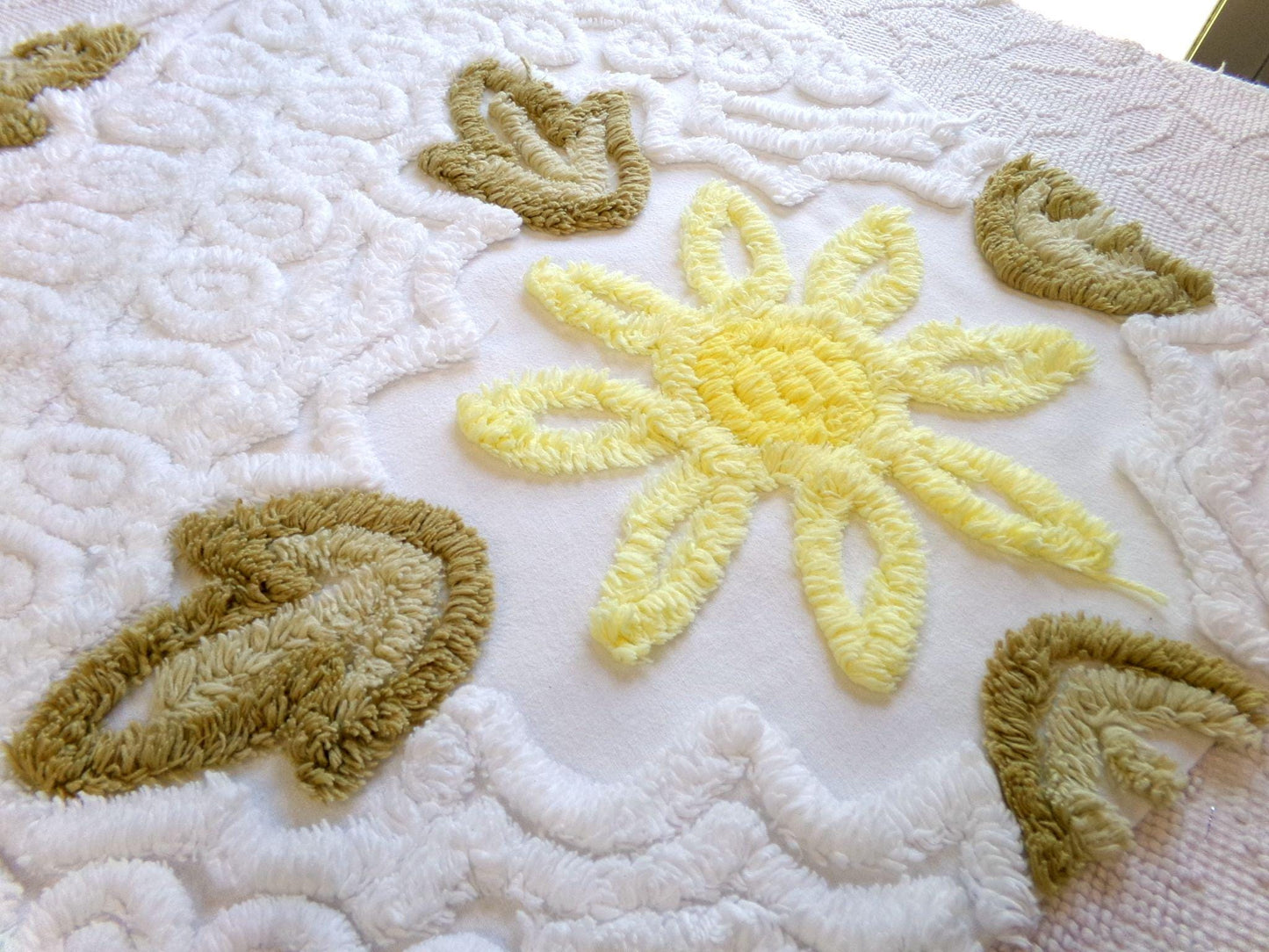 shabby sunflower vintage chenille fabric, 25" x 20" cut piece of quilt material for crafts, sewing
