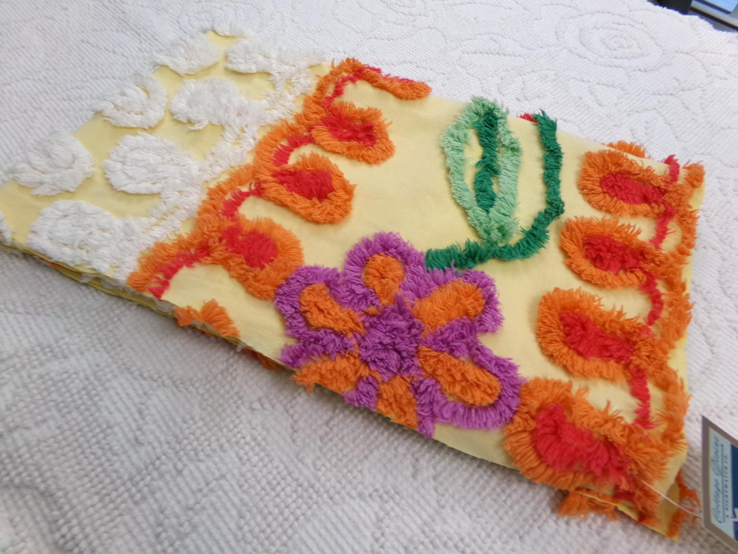 Sunny Side Up Yellow Vintage Chenille Fabric, tufted floral curlicue dots, piece sewing craft quilt material, 16" x 27"
