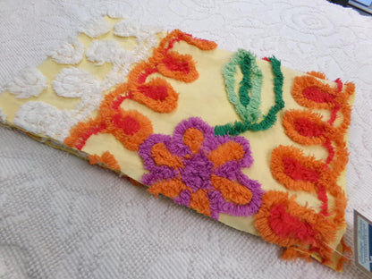 Sunny Side Up Yellow Vintage Chenille Fabric, tufted floral curlicue dots, piece sewing craft quilt material, 16" x 27"