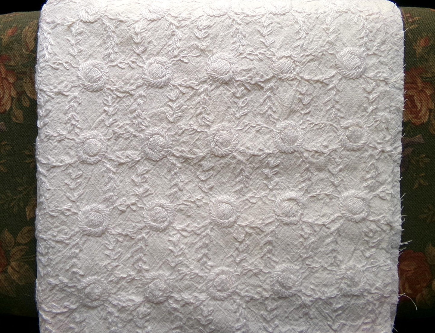 Ivory Embroidered Vintage Fabric Piece 20x24" Candlewick Style Lattice Daisy Medallions