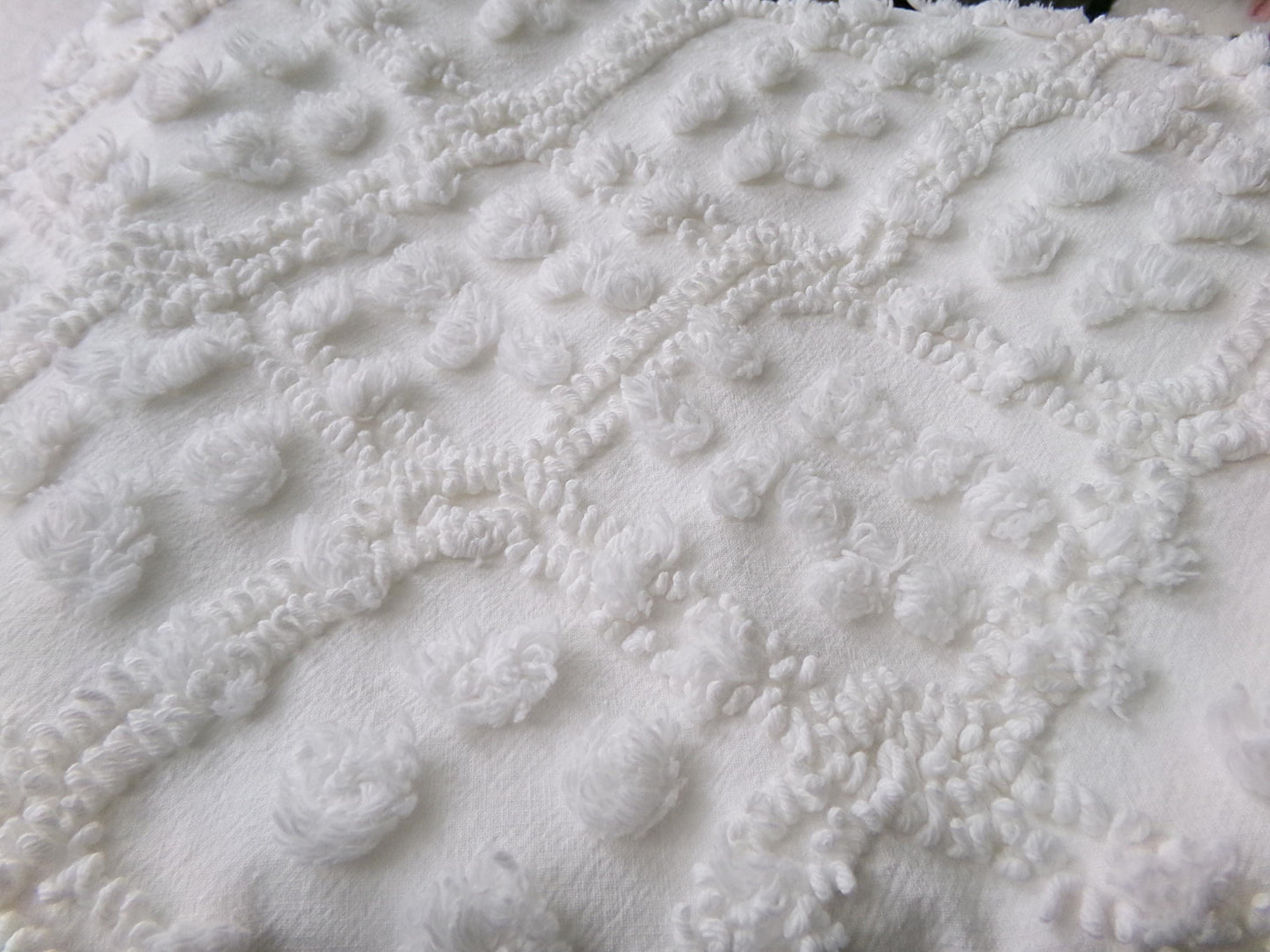 White Vintage Chenille Fabric: Tumbling Block Pops Geometric Design, 20" x 24" Piece Sewing & Quilt Material