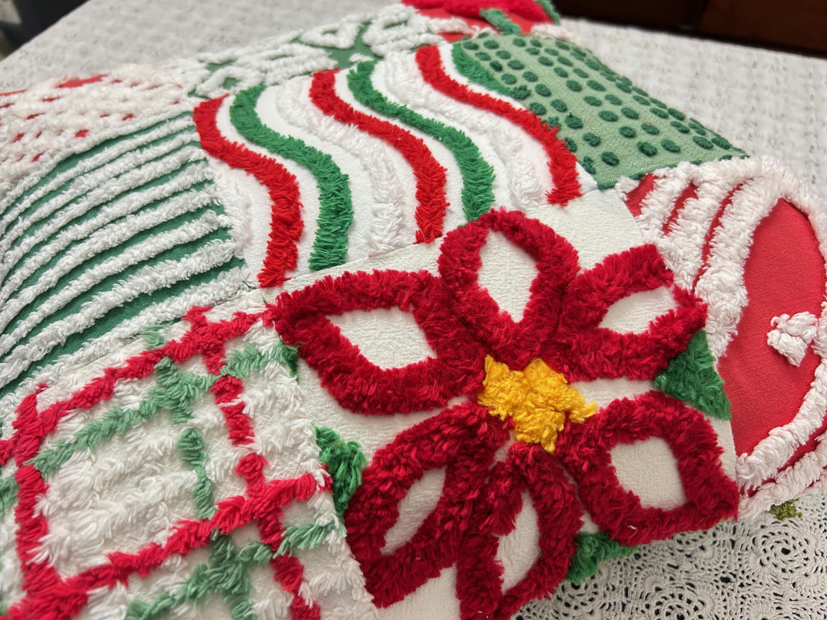 Vintage Christmas Chenille Pillow Cover, 16" Square Reversible Holiday Patchwork Design