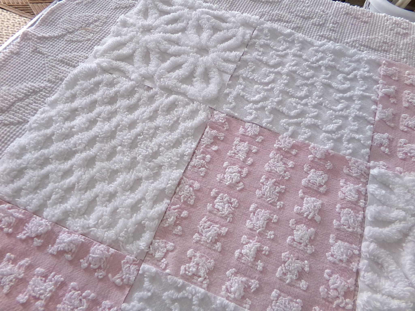 angelic vintage chenille fabric squares, set of 16 quilt blocks 6" each pink & white