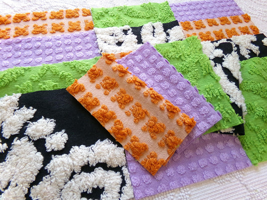 boho witchy vintage chenille fabric squares, set of 16 spellbinding 6" blocks for crafts, sewing in orange, black, green & lavender