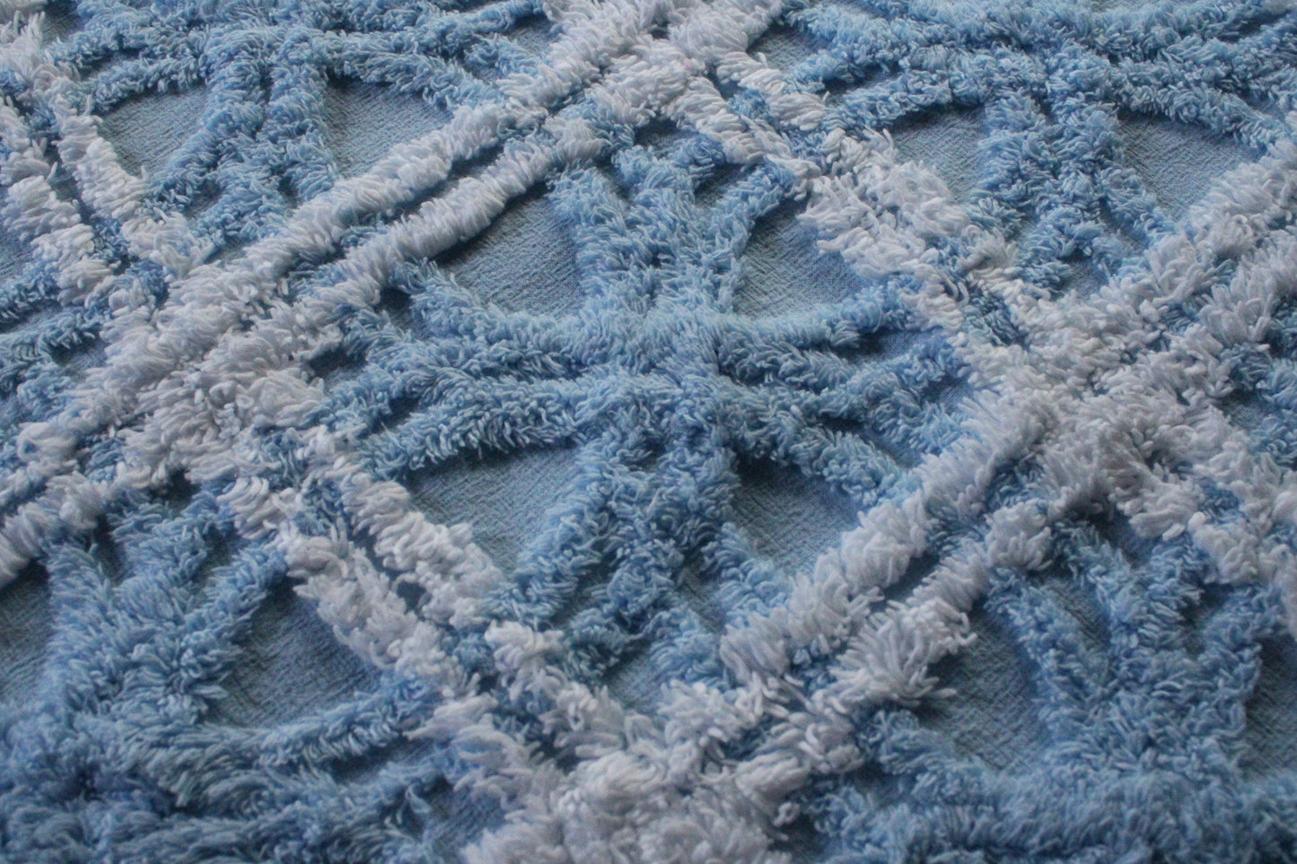 Breezy Coastal Vintage Style Chenille Fabric, 21" x 22" Inch Piece, Plush Sky Blue & White Geometric