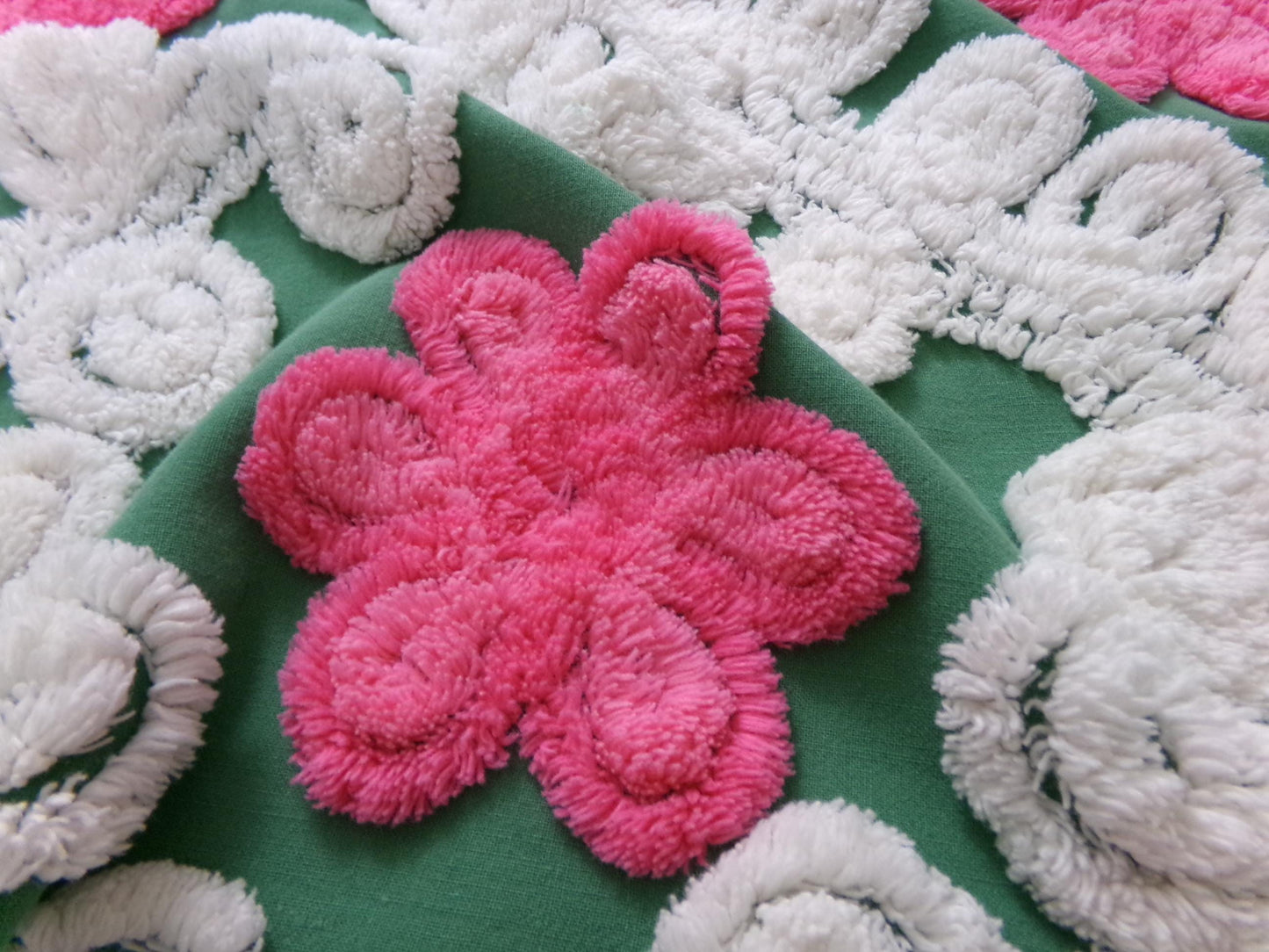 Vintage Chenille Bedspread Fabric, evergreen pink rose white swirl sewing craft quilt material, 20" x 24" piece