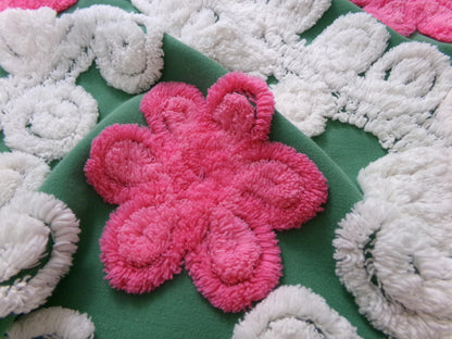 Vintage Chenille Bedspread Fabric, evergreen pink rose white swirl sewing craft quilt material, 20" x 24" piece