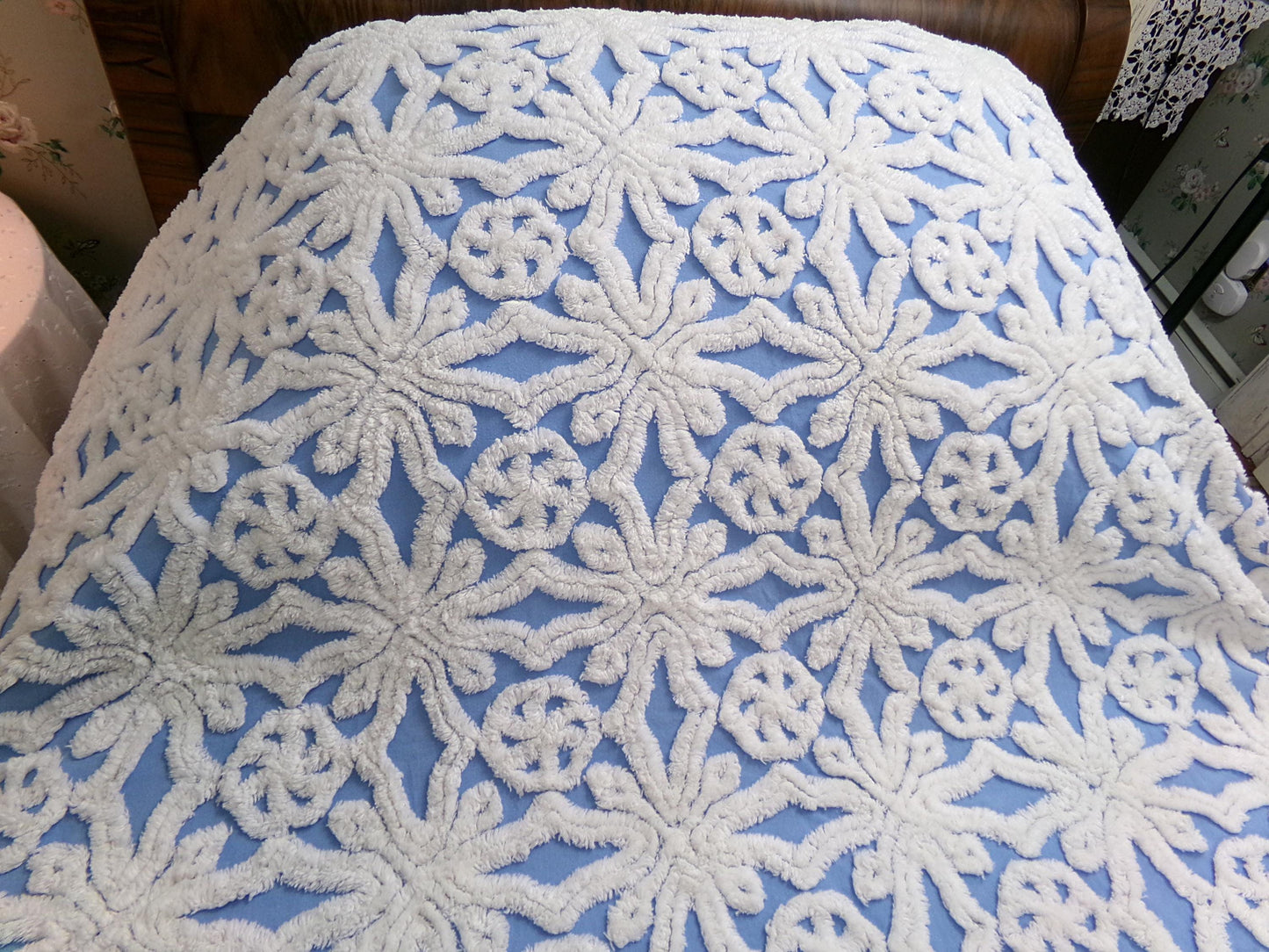 blue vintage chenille bedspread: icicle crystal white tufting, coastal cottage style full size cotton bedding