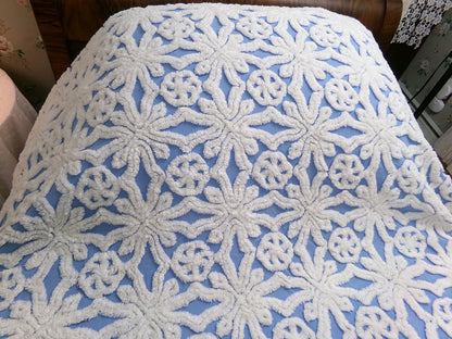blue vintage chenille bedspread: icicle crystal white tufting, coastal cottage style full size cotton bedding