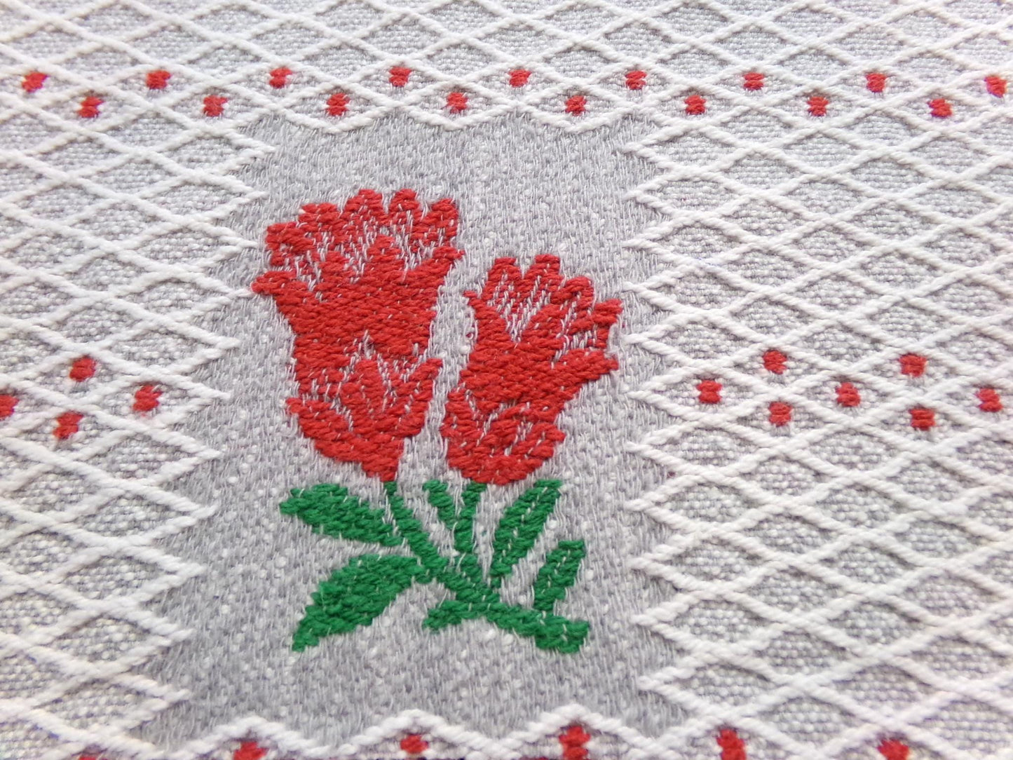 Vintage Woven Fabric, Steel Grey Red Floral Lattice Reversible Cut Piece 24" x 27"