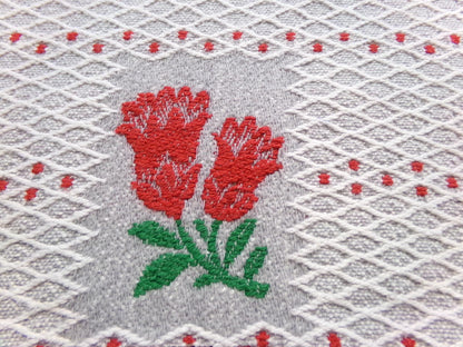 Vintage Woven Fabric, Steel Grey Red Floral Lattice Reversible Cut Piece 24" x 27"