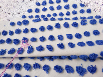 royal blue pops vintage chenille bedspread fabric handtufted white cotton 20x24"