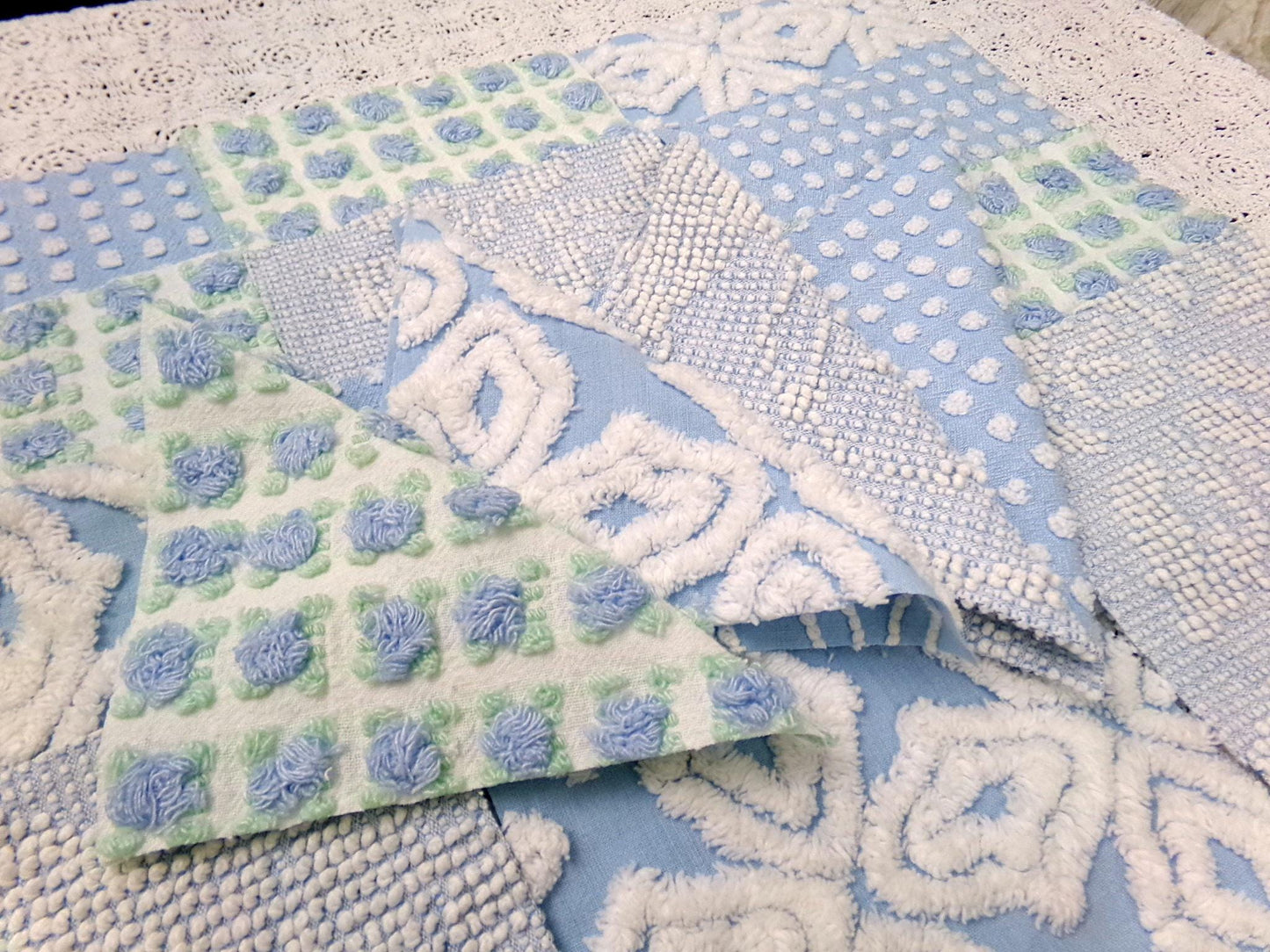 sea breeze vintage chenille fabric squares, set of 16 blue white quilt blocks 6" ea