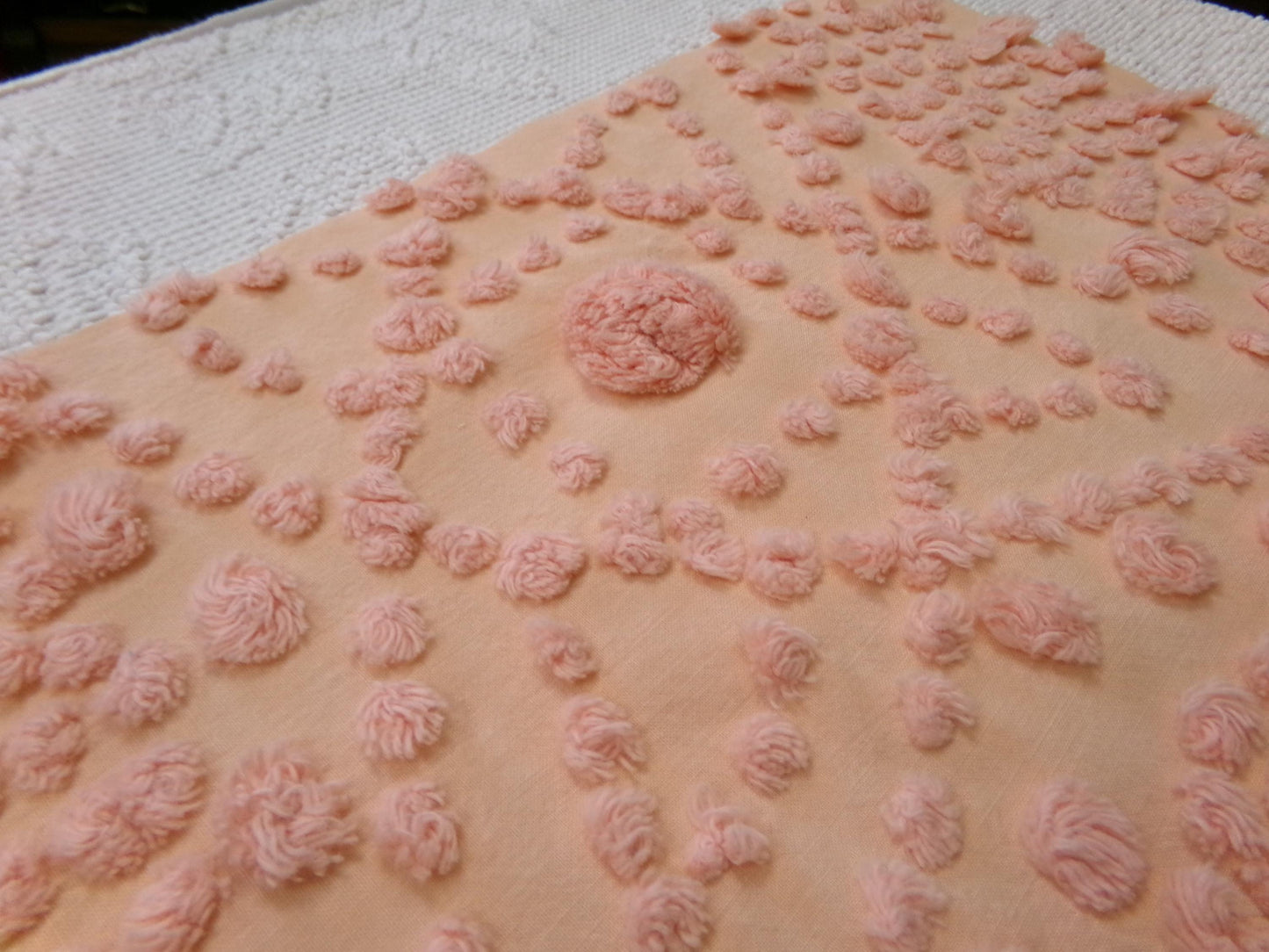 cosmic sunrise vintage chenille fabric, handtufted sun pops, 20" x 23" piece of peach antique sewing & quilt material