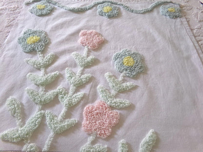 pastel floral tufted fabric, cut from a vintage style chenille bedspread, 20" x 23" piece