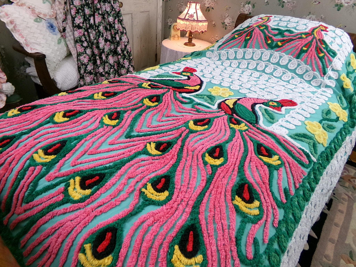Green Peacock Vintage Chenille Bedspread, Full Size Pink Lovebirds & Swirls