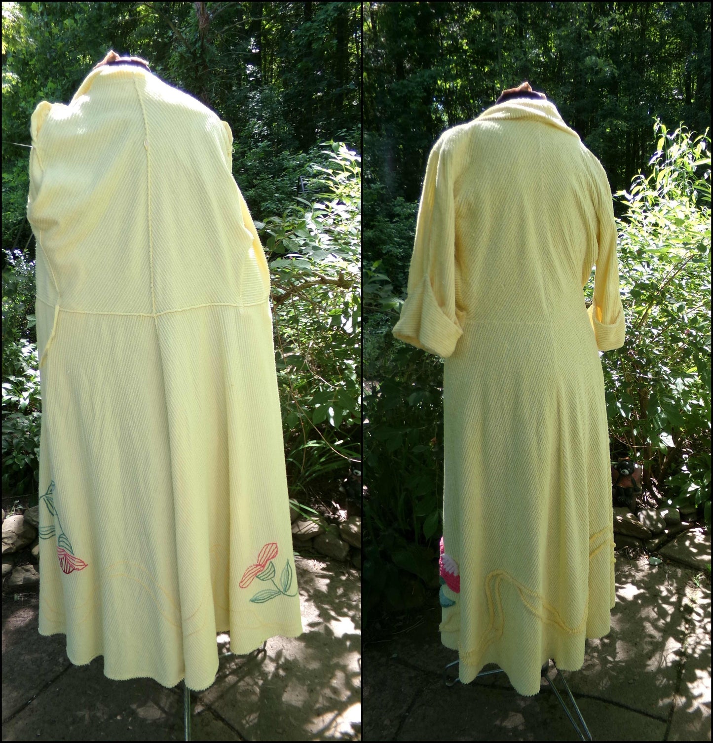 gorgeous vintage chenille robe, ladies floral tufted bathrobe in sunglow yellow, fit 'n flare, half sleeves, est size medium