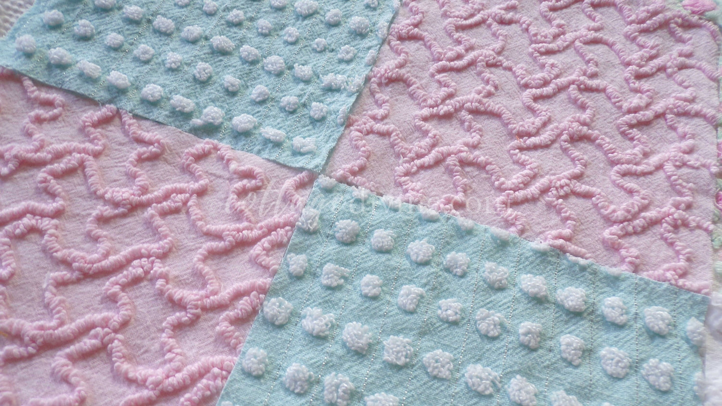 Classic Cottage Chic Chenille Fabric Squares, Set of 16 Vintage 6" Quilt Blocks, Pretty Pink Rosebud, Aqua & White