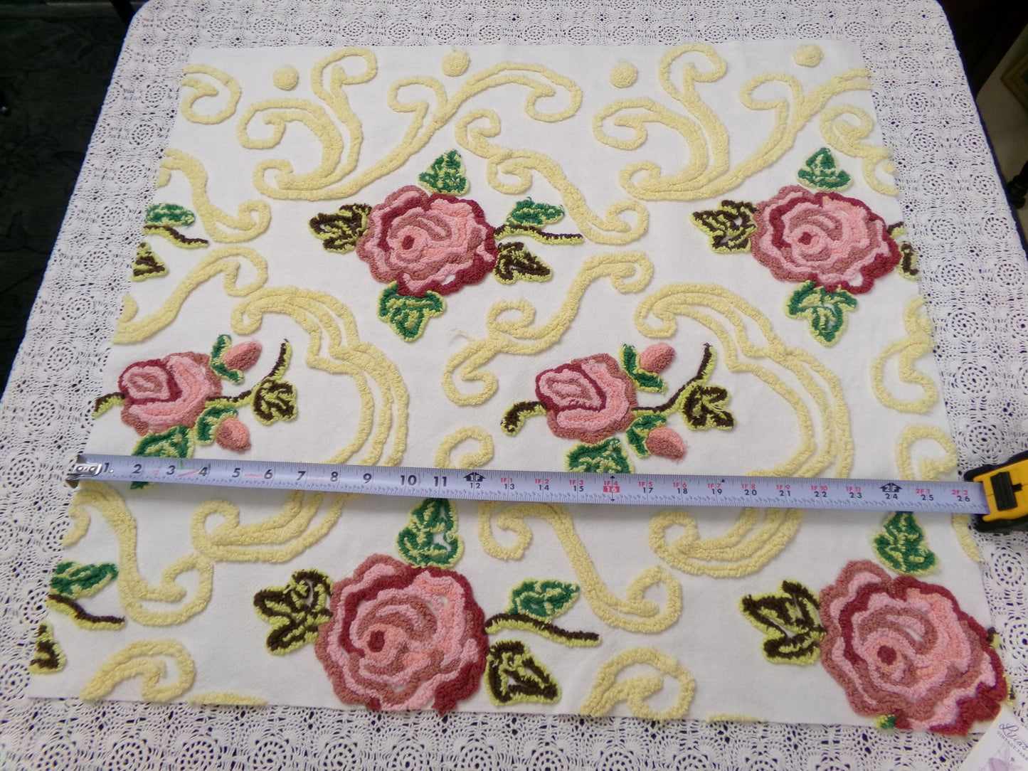 Shabby Pink Rose Vintage Chenille Fabric Dramatic Scrollwork Sewing Quilt Material 25" x 23"