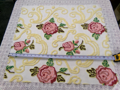 Shabby Pink Rose Vintage Chenille Fabric Dramatic Scrollwork Sewing Quilt Material 25" x 23"