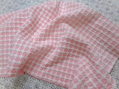 Carnation Pink White Vintage Woven Chenille Fabric Lady Galt Honeycomb Crosses 22x24"
