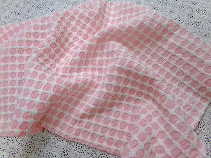 Carnation Pink White Vintage Woven Chenille Fabric Lady Galt Honeycomb Cross 22x24"