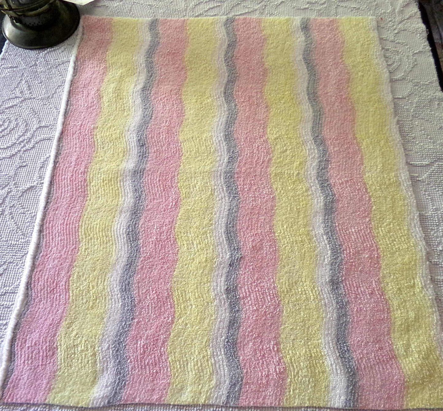 soft cozy striped chenille fabric, vintage 20" x 24" piece of lightweight sewing material in pink, yellow, white & grey ripple stripes