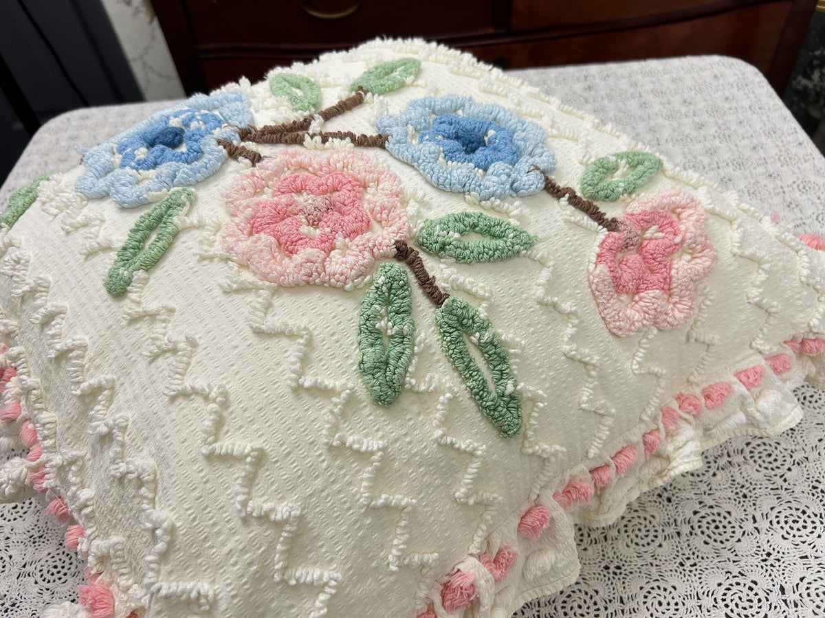 Floral Ruffled Vintage Chenille Pillow Cover 18" Square Seersucker