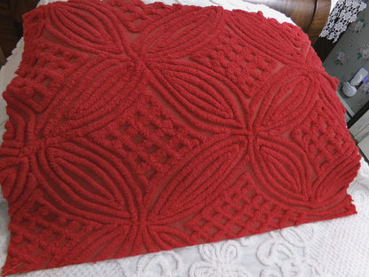 Vintage Chenille Bedspread Fabric Cherry Red Craft & Sewing Material 18" x 25"