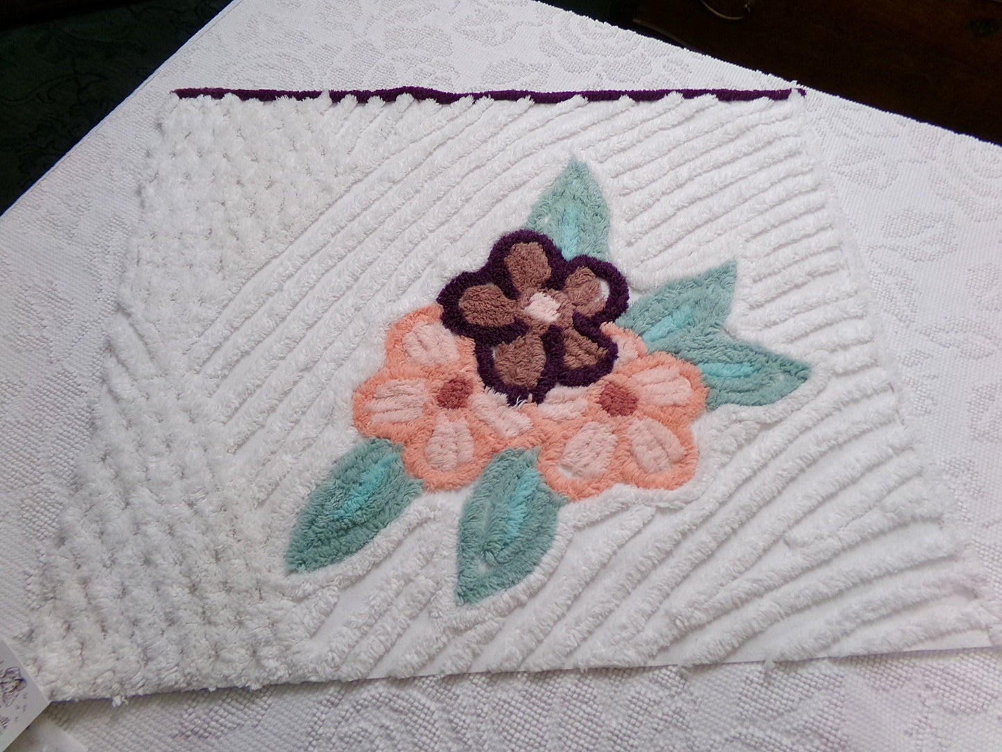Vintage Chenille Fabric Piece, Magnolia Florals on White, 19" x 23" Sewing Material