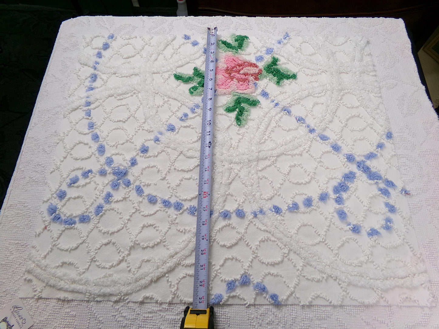 shabby cottage vintage chenille fabric, pink rose quilt material, 22" x 25" piece