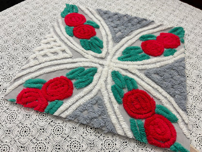 Red Rose Vintage Chenille Fabric, Dove Grey & White 15x28" Craft Piece