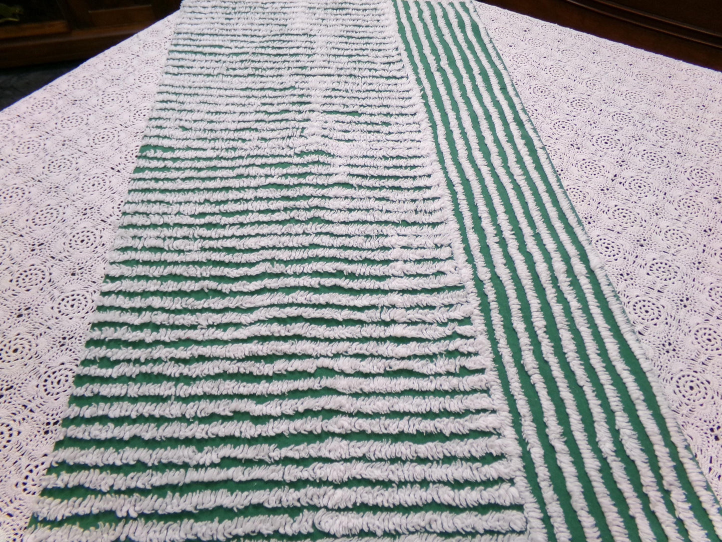 Green & Snow White Vintage Chenille Bedspread Fabric, Geometric Stripes 15" x 26" piece