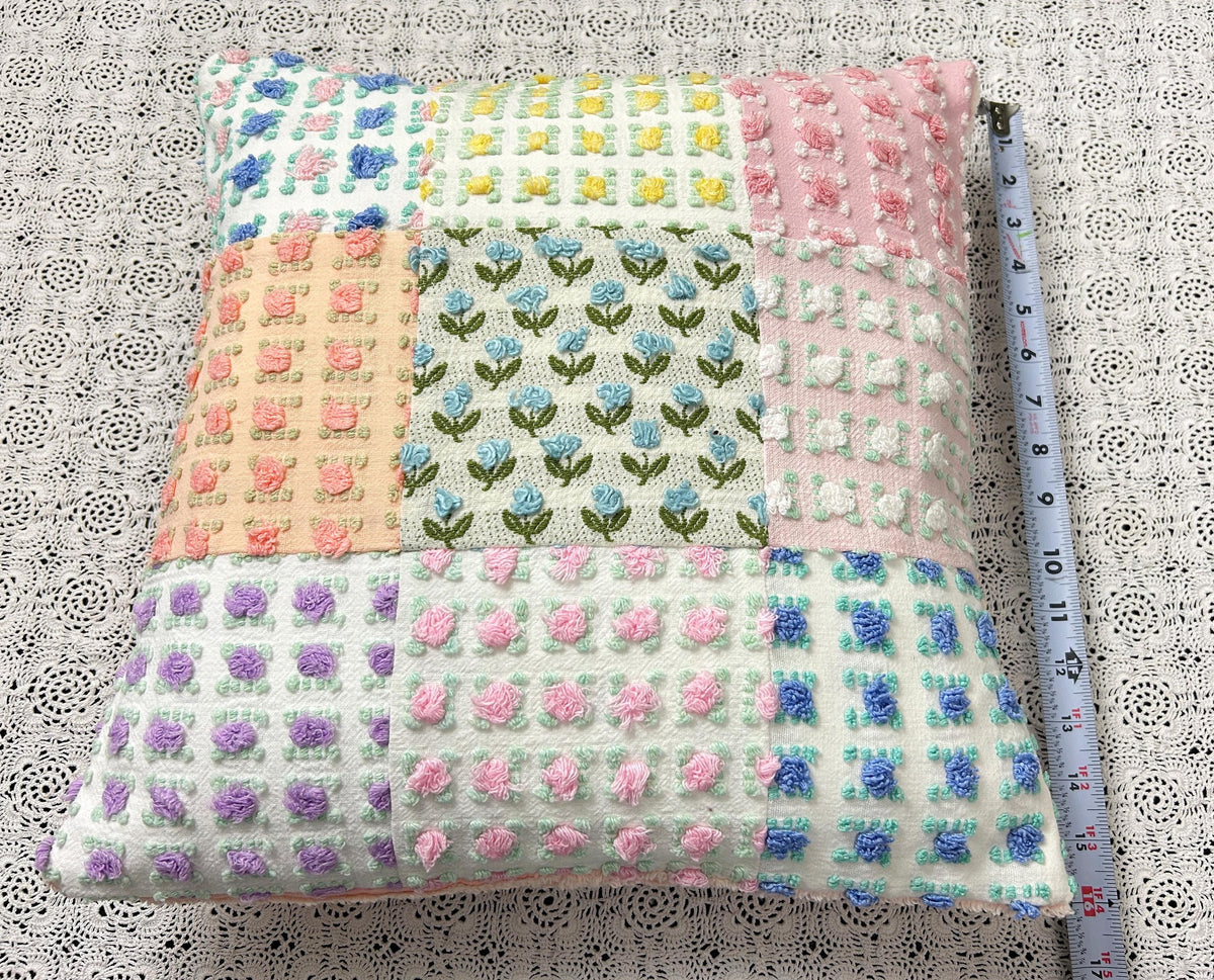 Vintage Rose Chenille Pillow Cover, 16" Square Reversible Patchwork Floral Design