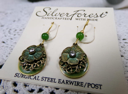 Silver Forest Dangle Earrings Vintage Style Layered Green Jade Bead Flower Teardrop