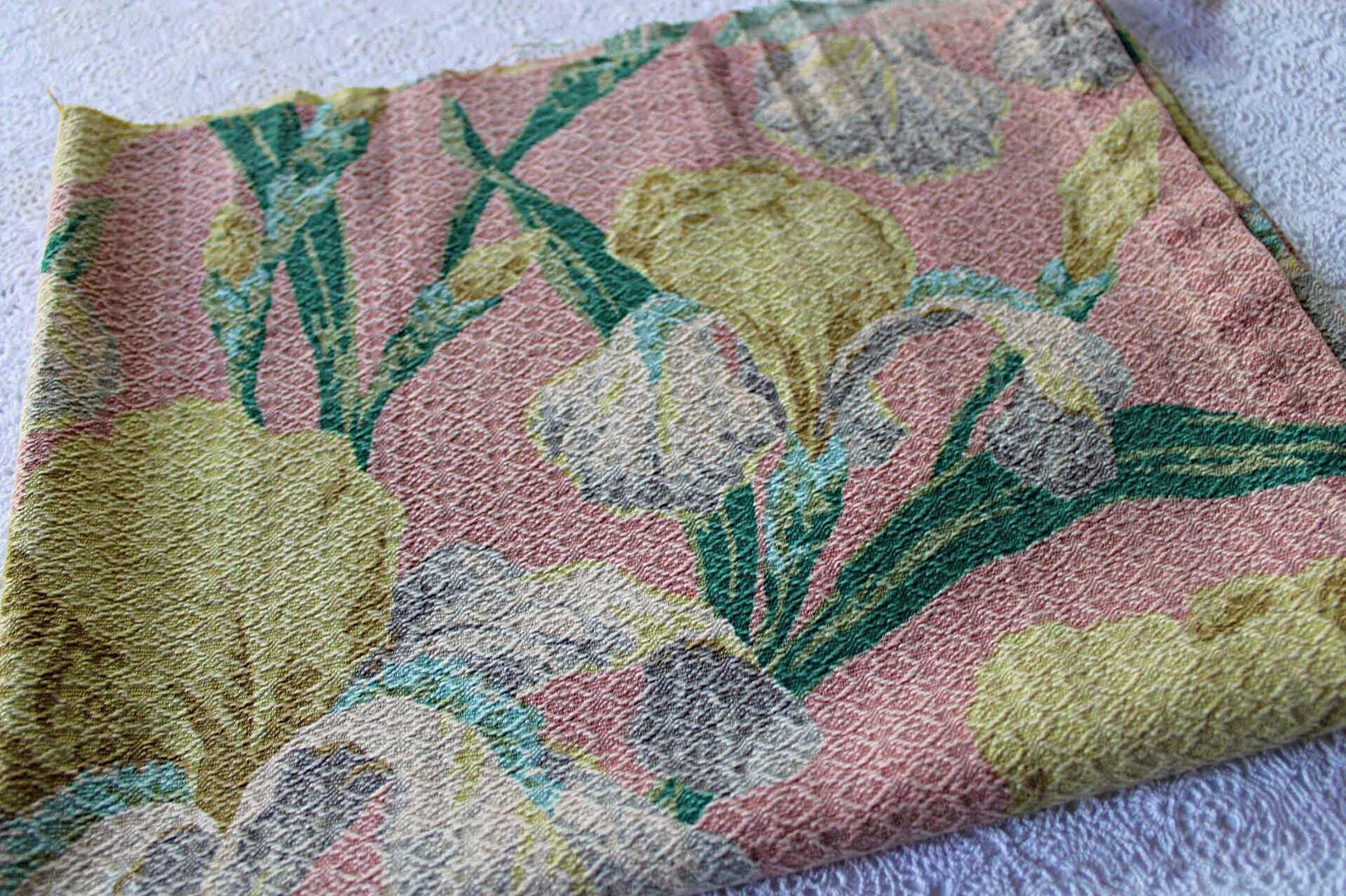 Vintage IRIS Floral Barkcloth Fabric Piece, 29.5" x 23" inches, Mauve Pink Rose & Old Fashioned Yellow Blooms, Deconstructed Curtain Panel