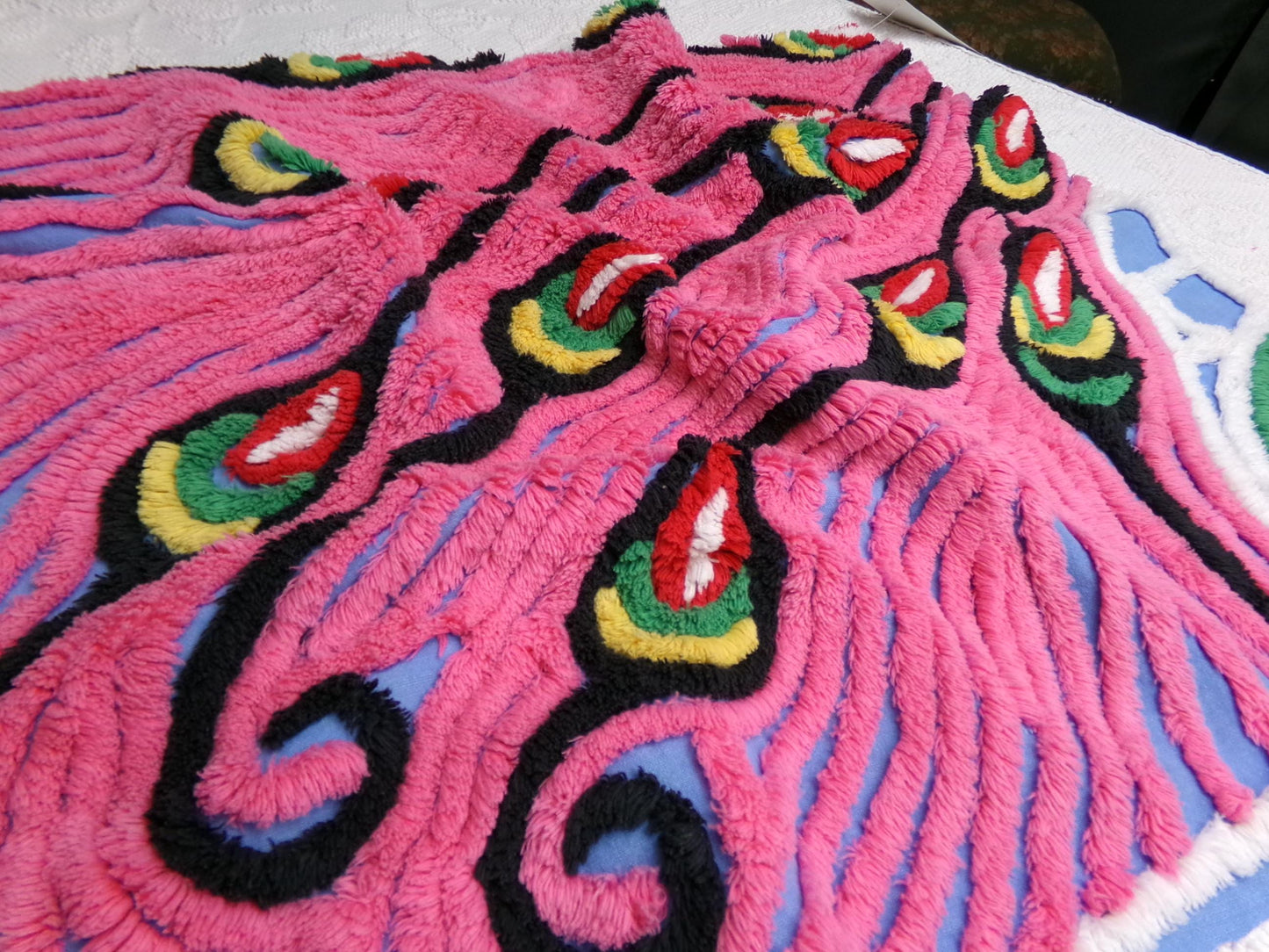 Exotic Artsy Vintage Chenille Bedspread Fabric Piece Pink Peacock Feathers, 19" x 24"