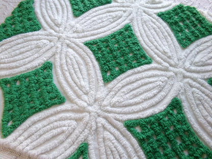 Vintage Chenille Bedspread Fabric, Preppy Kelly Green White Geometric, 20x23"