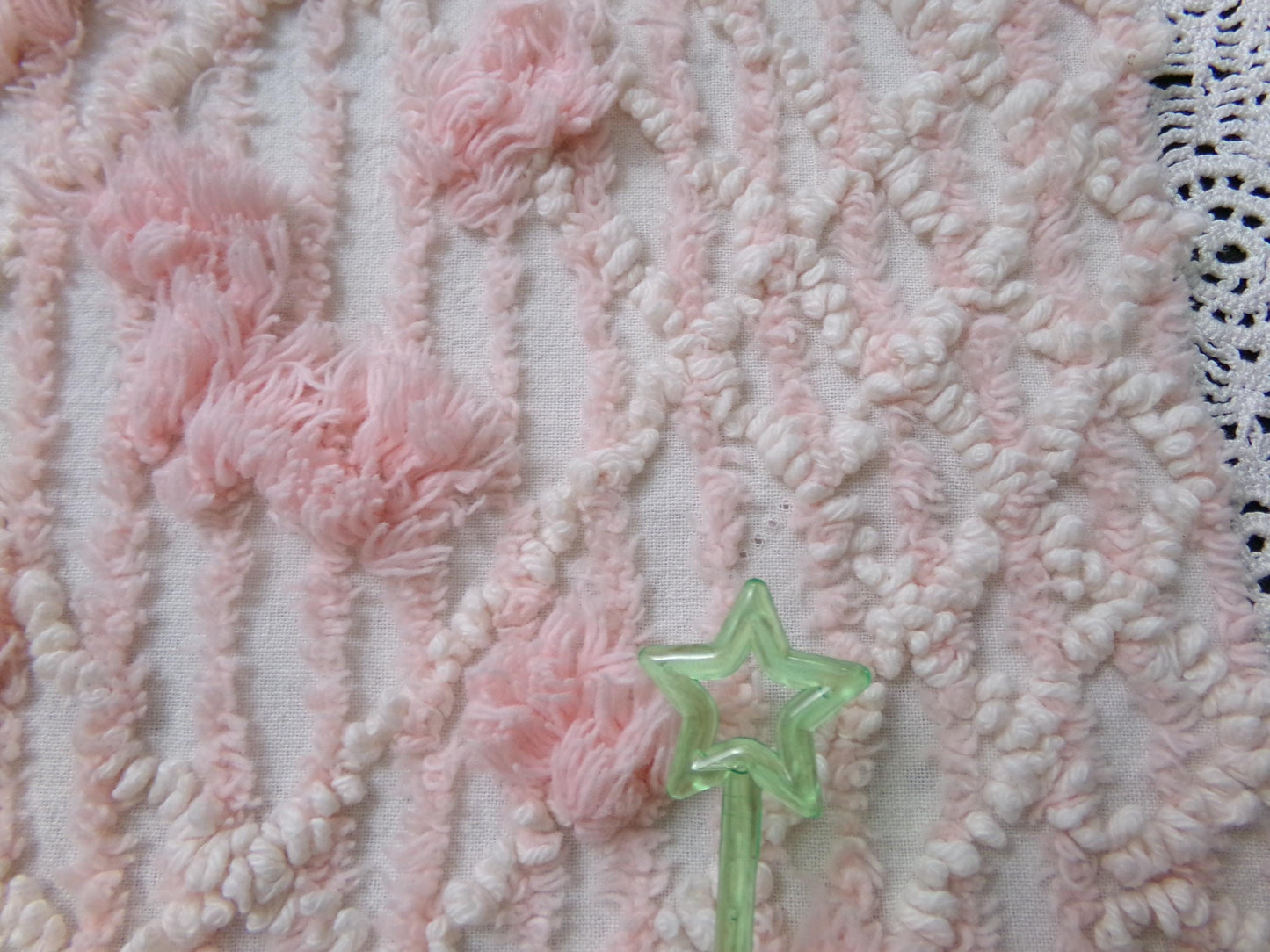 Blush Pink White Vintage Chenille Bedspread Fabric 18x24" Geometric Diamond Puffs