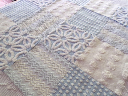 Blue Quilt Squares Set, Rotary Cut from Vintage Chenille Bedspread Fabric, 16 Blocks, 6" x 6" inch