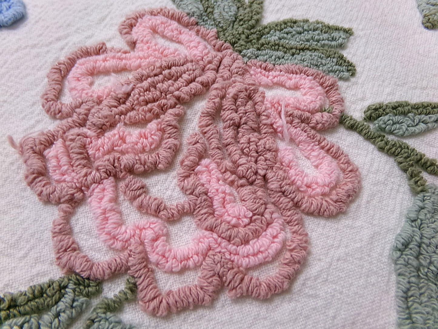 Boho Wildflowers Vintage Chenille Fabric, Natural Vining Rose Florals, 20" x 22" piece