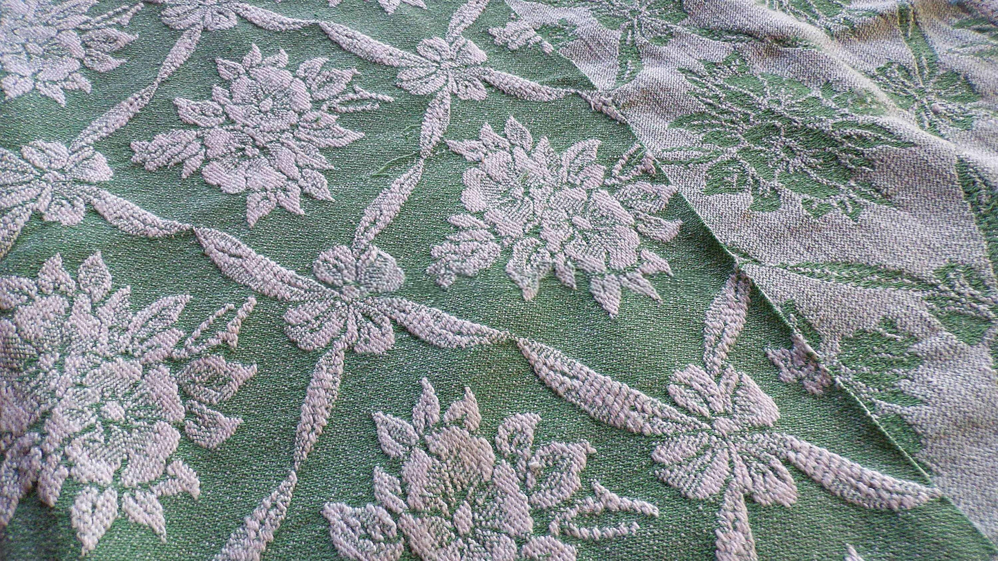 shabby cottage jade rose woven fabric, reversible sewing material from vintage bates bedspread, 20" x 30" inch piece